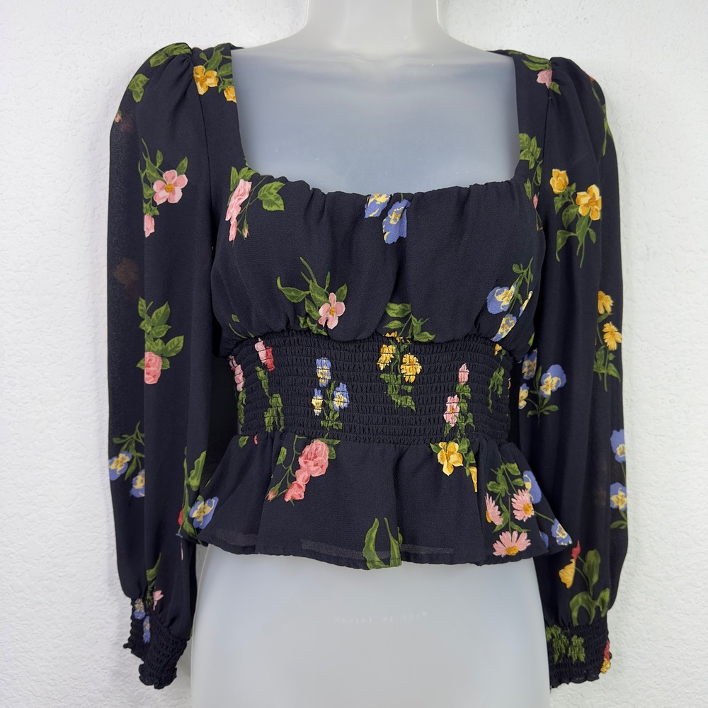 Reformation Shirt Women 6 Black Floral Smocked Peplum Dark Romantic Boho Cottage
